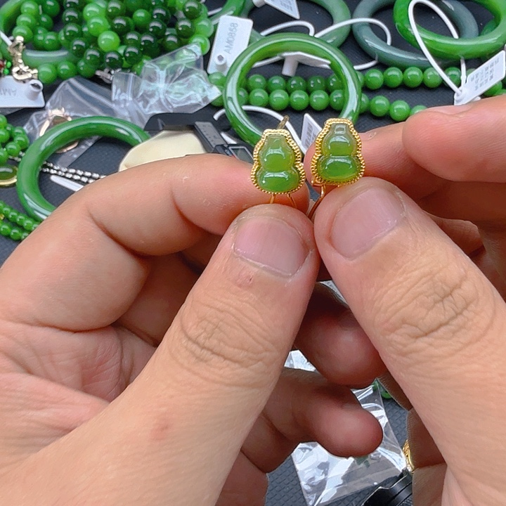 和田玉（碧玉）耳饰银S925镀金镶嵌