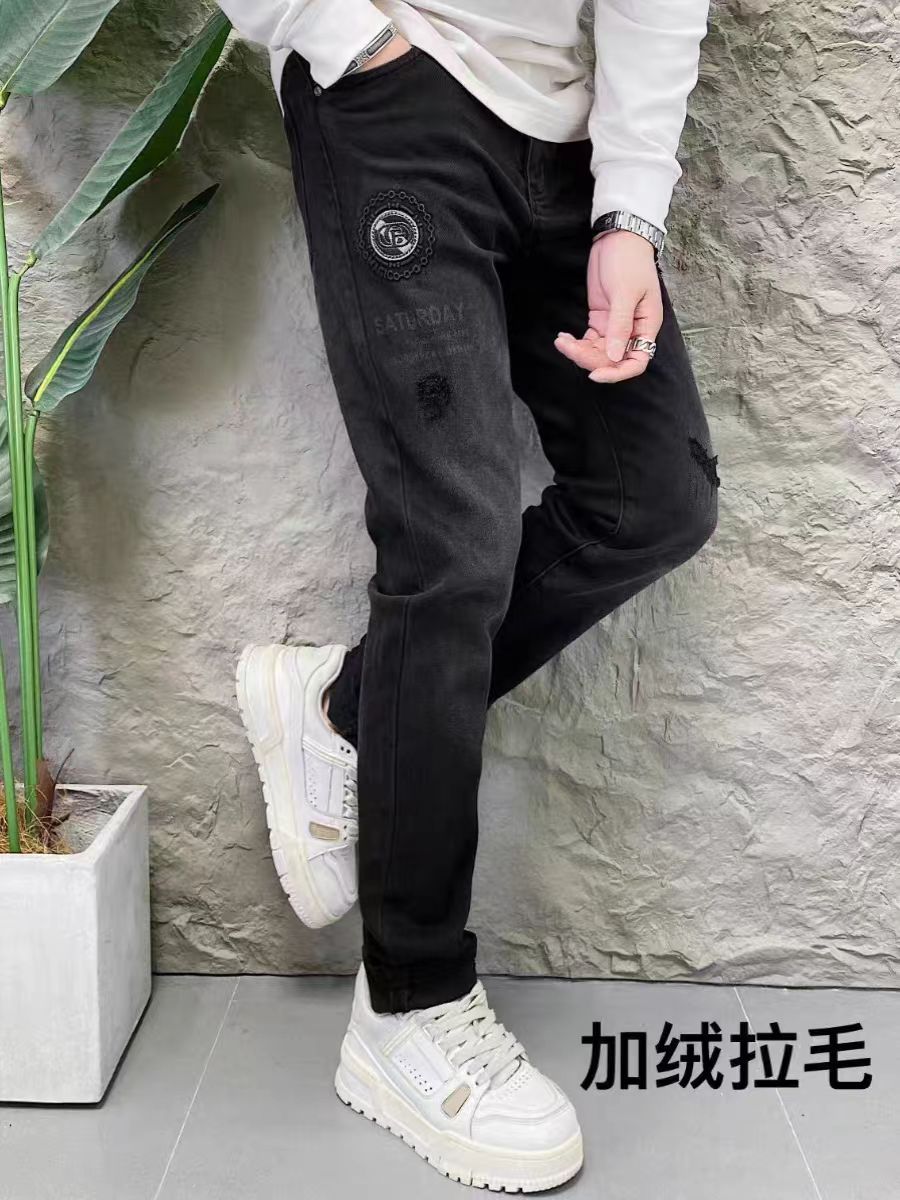 冬季新款6005黑色破洞补丁刺绣加绒磨毛弹力修身个性时尚男士牛仔