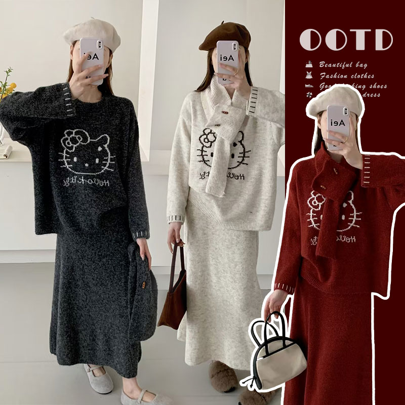 孕妇装2025秋冬新款卡通图案宽松针织上衣+围脖+半裙三件孕妈套装