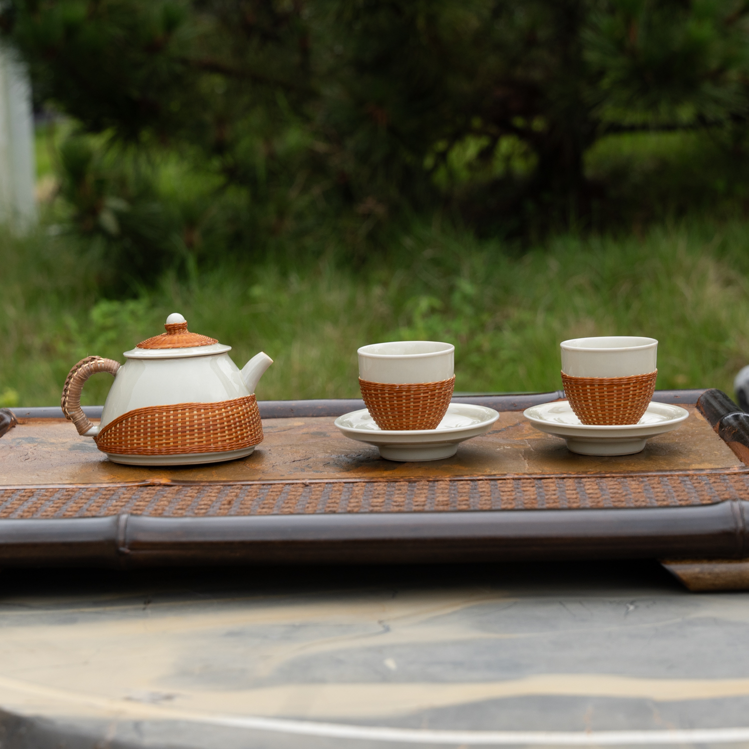 【松月壶】茶具套装竹丝扣瓷壶杯喝茶旅行套装喝茶道具