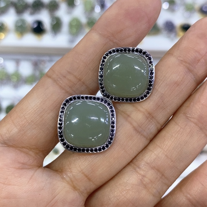 和田玉银S925镶嵌耳饰