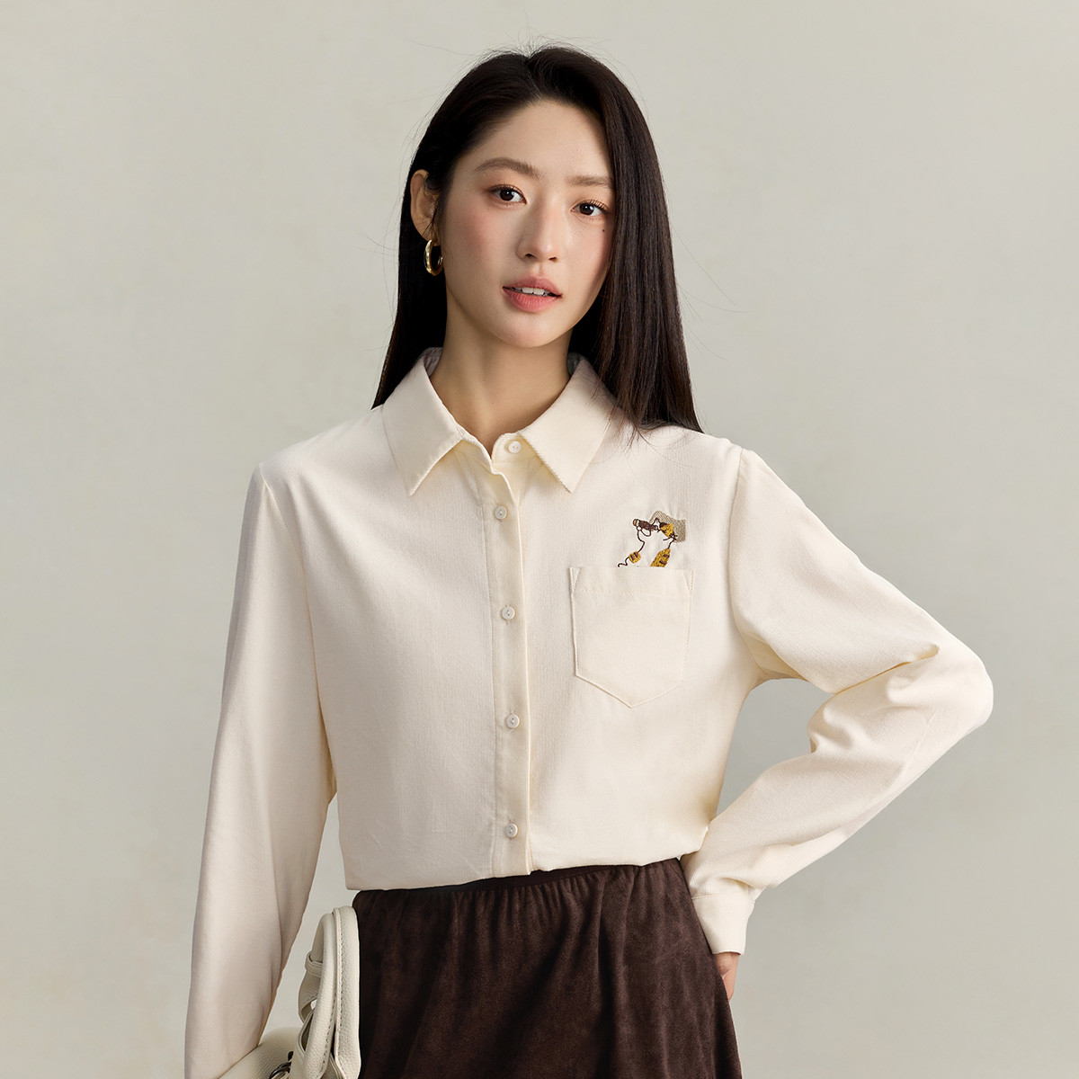 茵曼纯棉通勤趣味绣花长袖衬衫女2025秋冬款百搭舒适显瘦衬衣