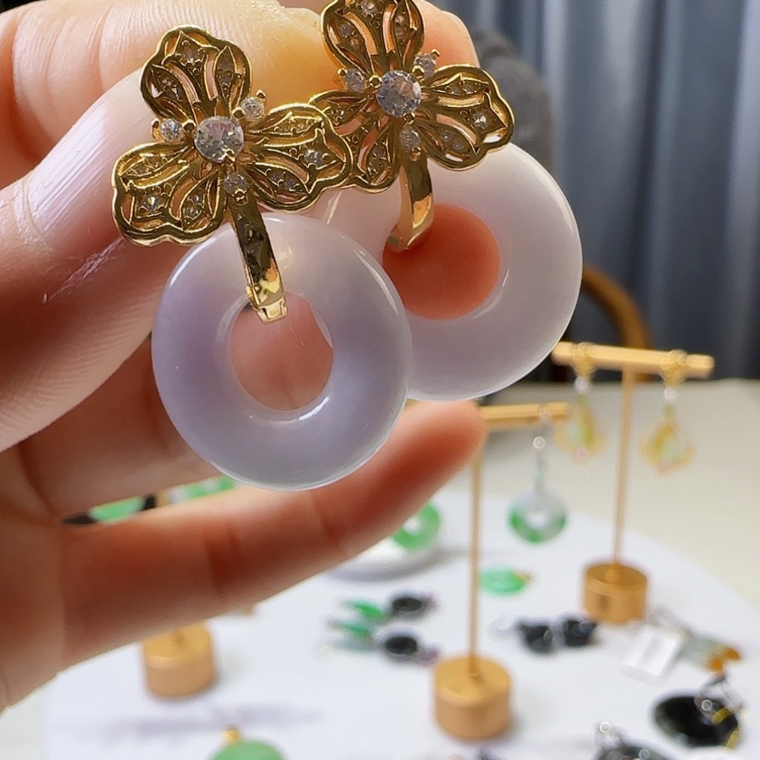 翡翠耳饰银S925镶嵌天然缅甸