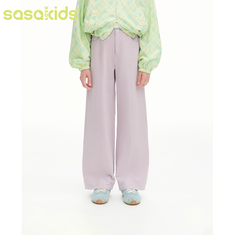 sasakids芋泥奶油慕斯灰紫色休闲水洗棉显瘦百搭直筒裤女童
