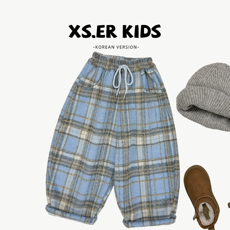 【现货】阿卷男女童秋季韩版休闲格子裤百搭宽松裤子HBB6649