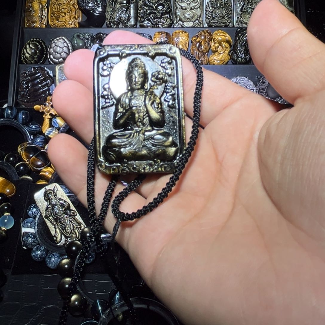 未镶嵌黑曜岩手链哥*天然金曜石大势至菩萨方牌
