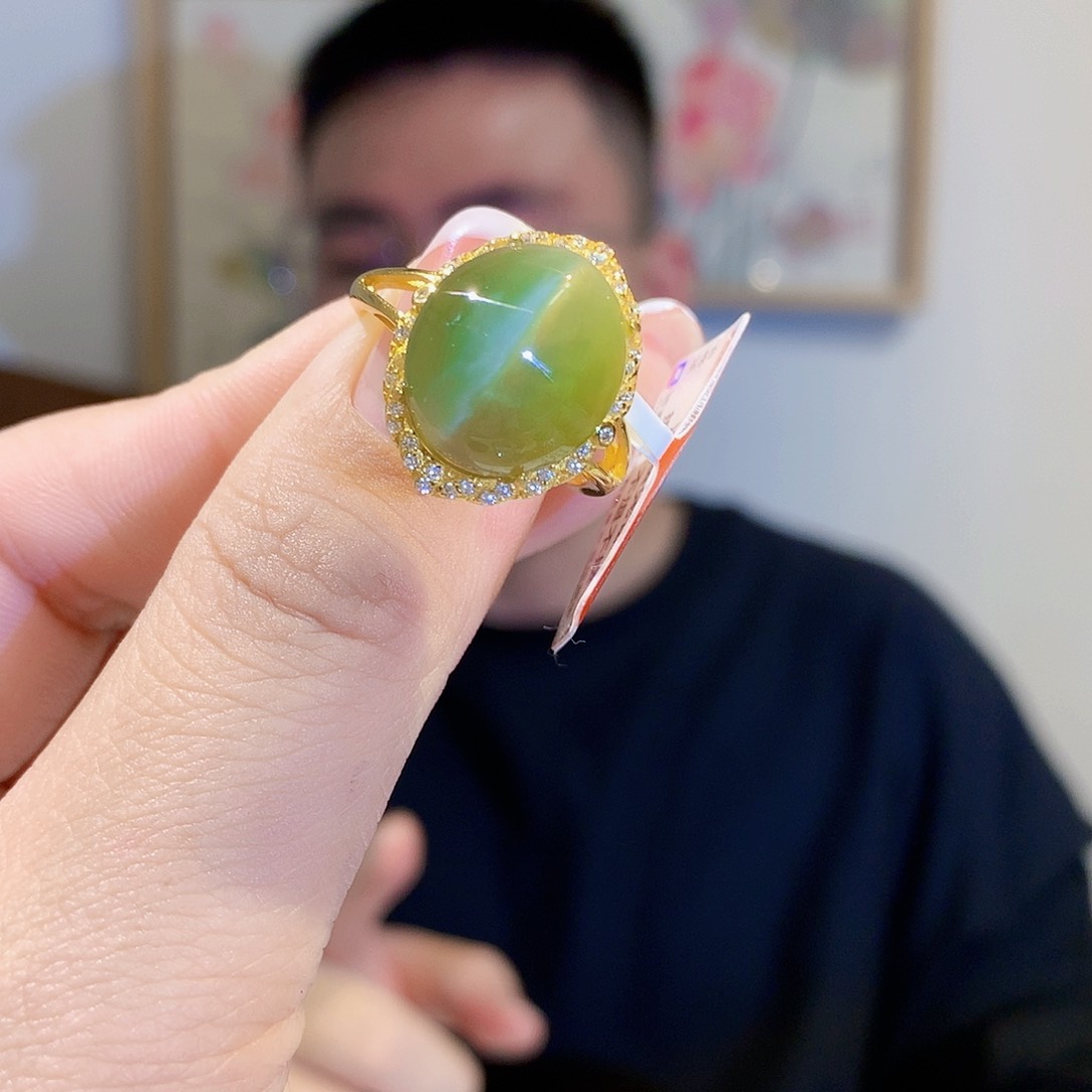 和田玉（碧玉）戒指银S925镀金镶嵌