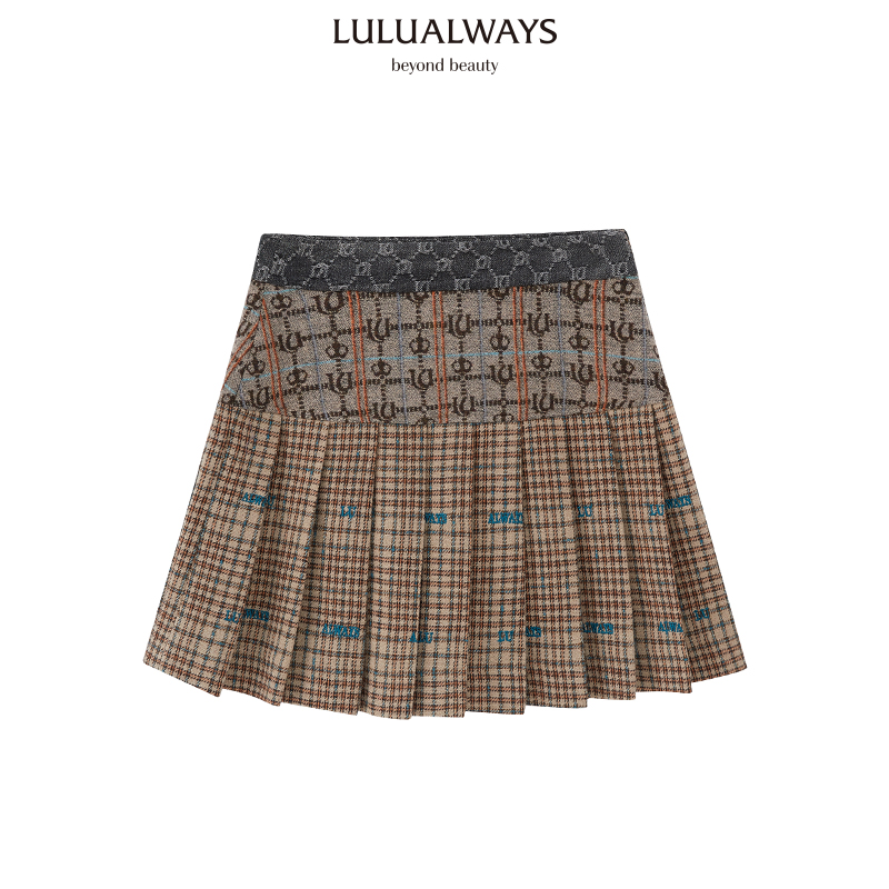 LULUALWAYS 冬季 复古高腰拼接格子绣花提花半身裙 LMD4062