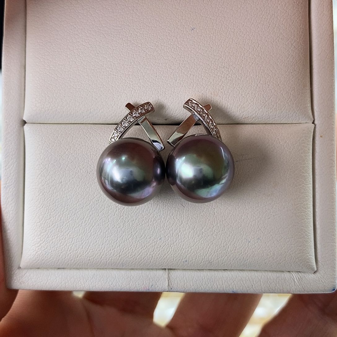 海水珍珠耳饰银S925镶嵌大溪地12-13m m