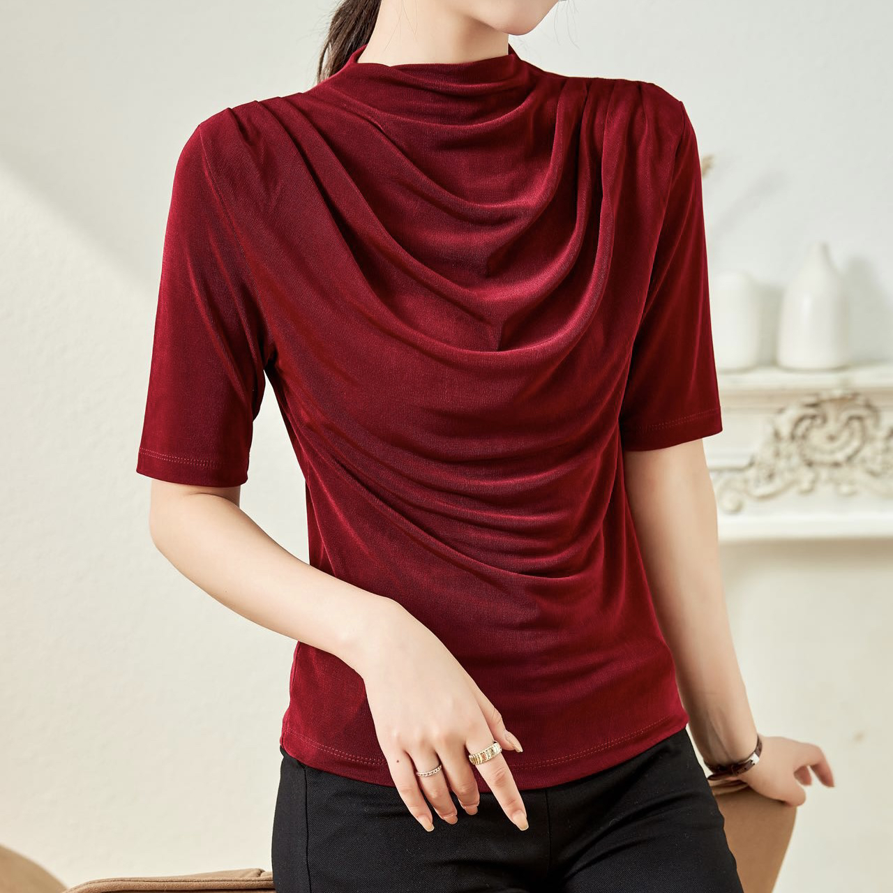 涵玖玥【三醋酸】新款微光垂感气质短袖上衣纤95-23-063