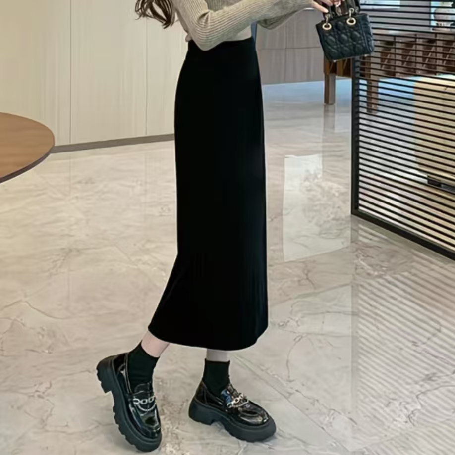 丝绒半身裙2025秋季新款高腰显瘦直筒开叉半身裙 时尚百搭1203
