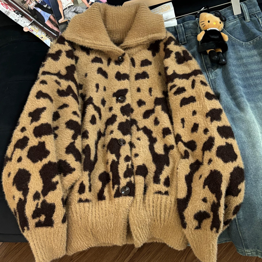 06号【现货】针织棕色带帽毛针织衫法式保暖女冬季豹纹
