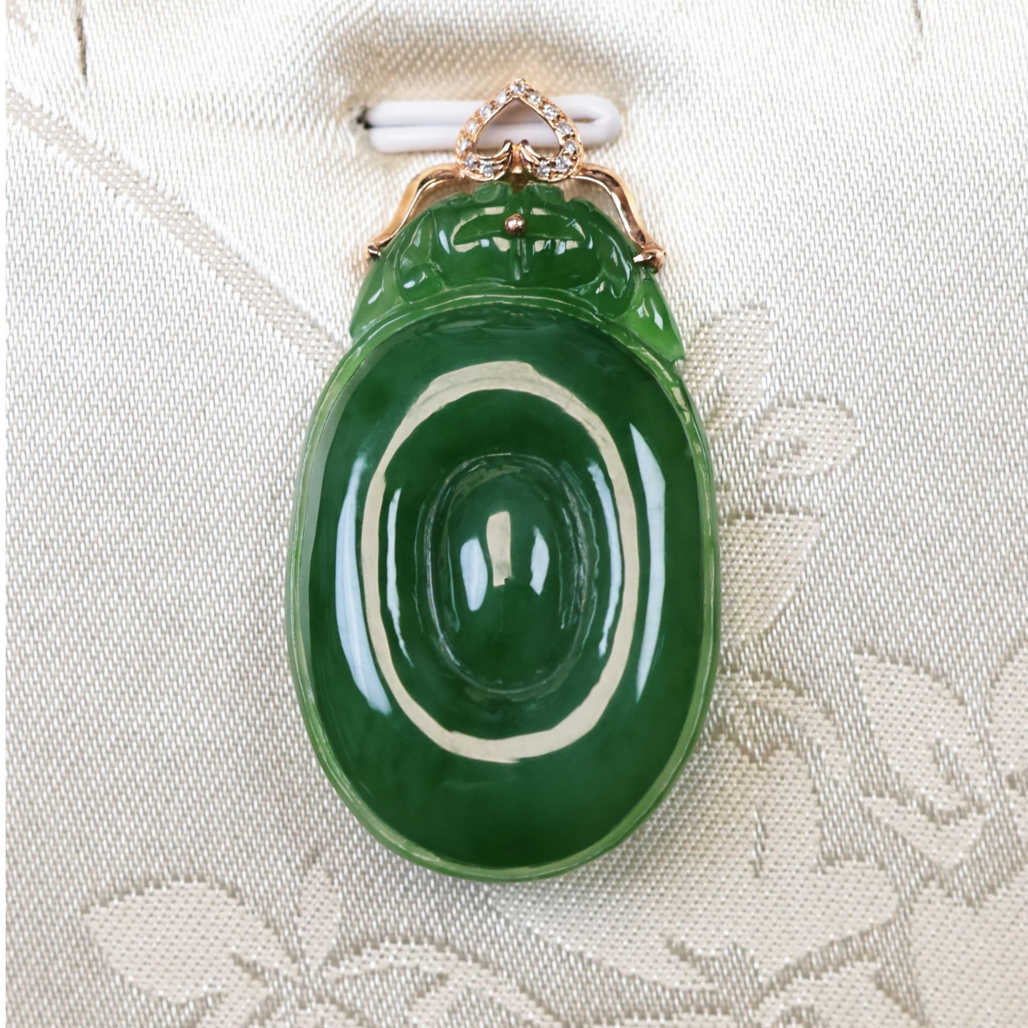 【一源珠宝】和田玉碧玉如意吊坠18k金镶嵌