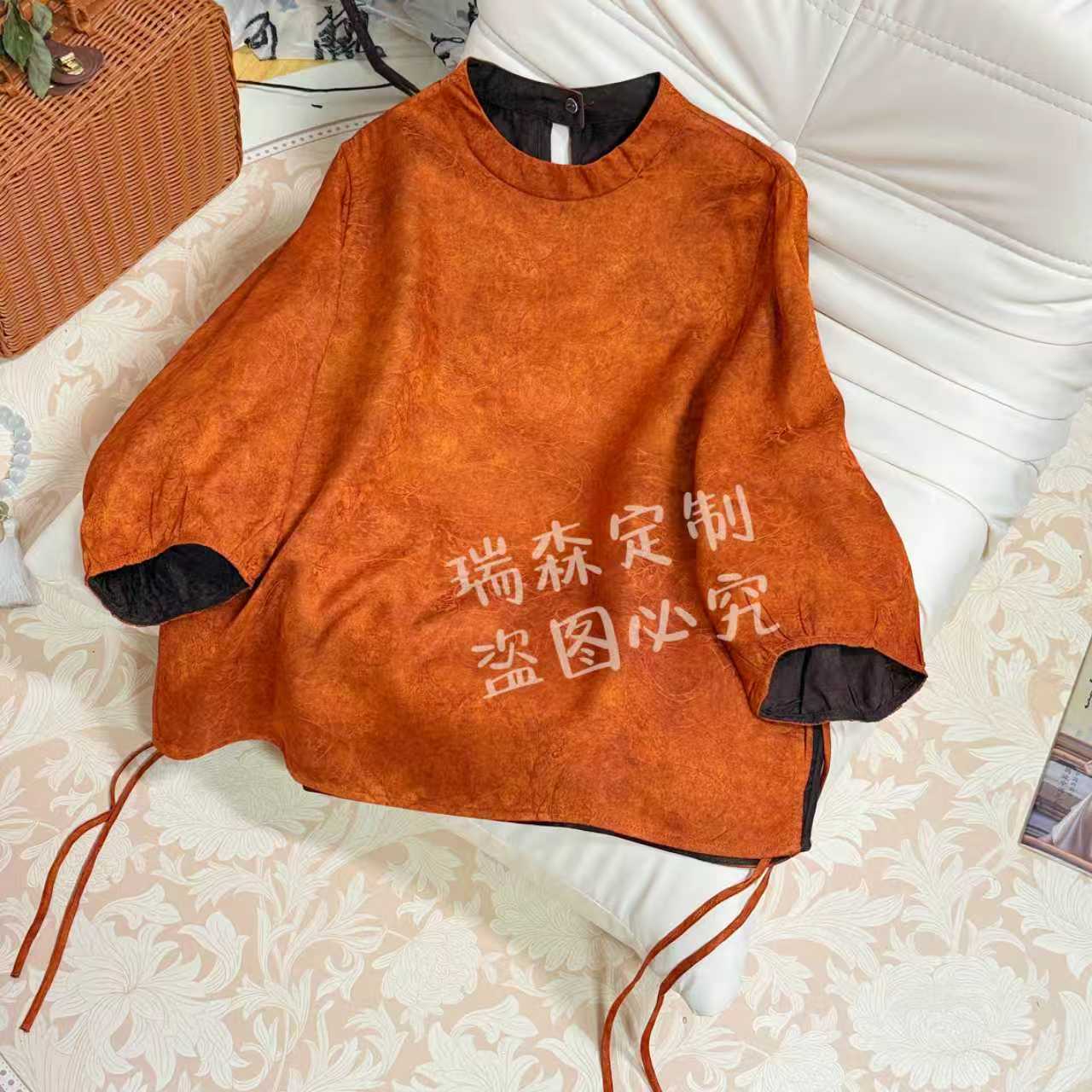 769 重磅满丝花萝立领中袖上衣T恤国风-胸围100-衣长61