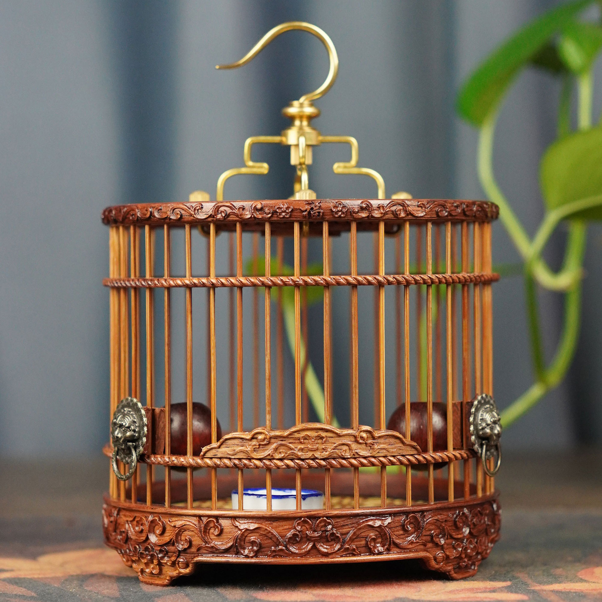 黄花梨乌木全雕刻蝈蝈笼子直径12厘米精致实用