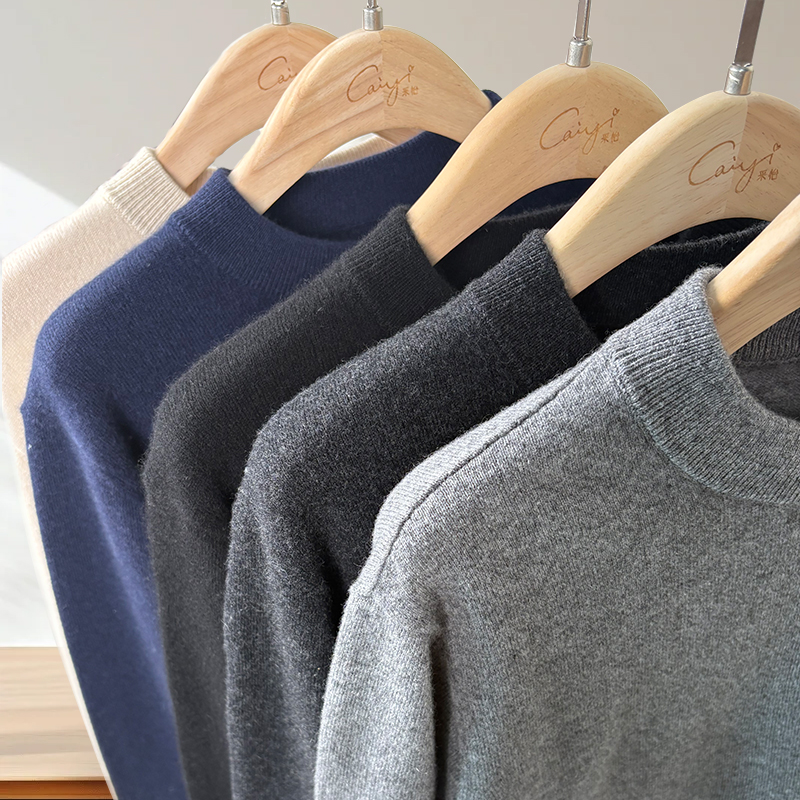 男士 100% 纯羊绒圆领毛衣 日常休闲软糯针织衫 秋冬百搭基础款