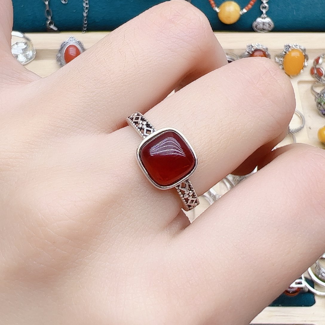 血珀戒指银S925镶嵌天然