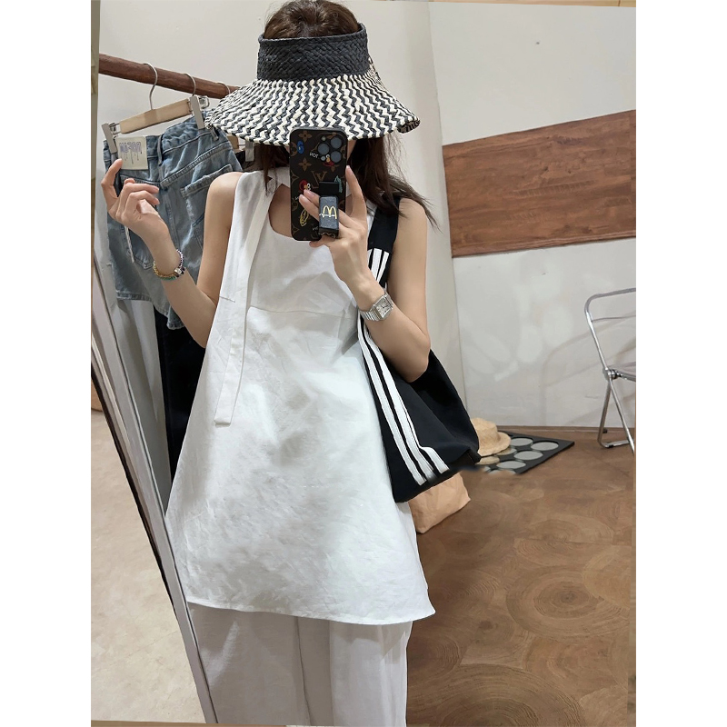阿球【孤品 韩系纯白亚麻背心】夏季宽带背心A字版型遮肉宽松上衣