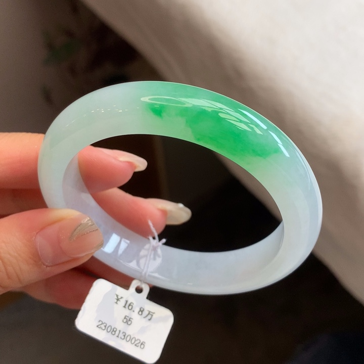 翡翠手镯未镶嵌55冰阳金丝绿正圈