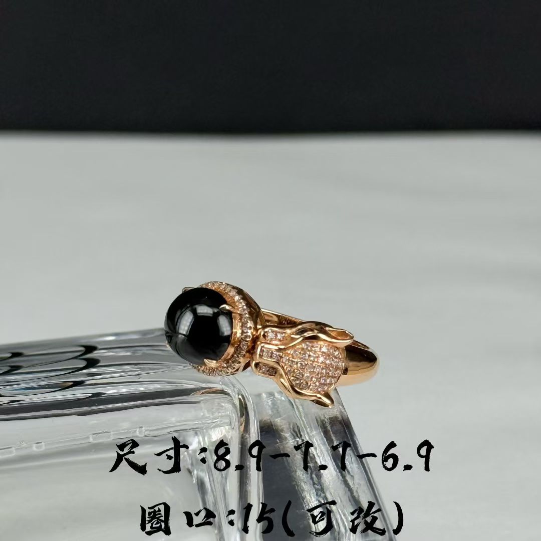 精品18k墨翠豹头女戒 种好色正 黑度极好 打灯通透 油性十足 