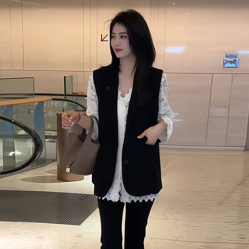 2025春季新款通勤百搭休闲叠穿内搭马甲两件套女潮流洋气简约套装