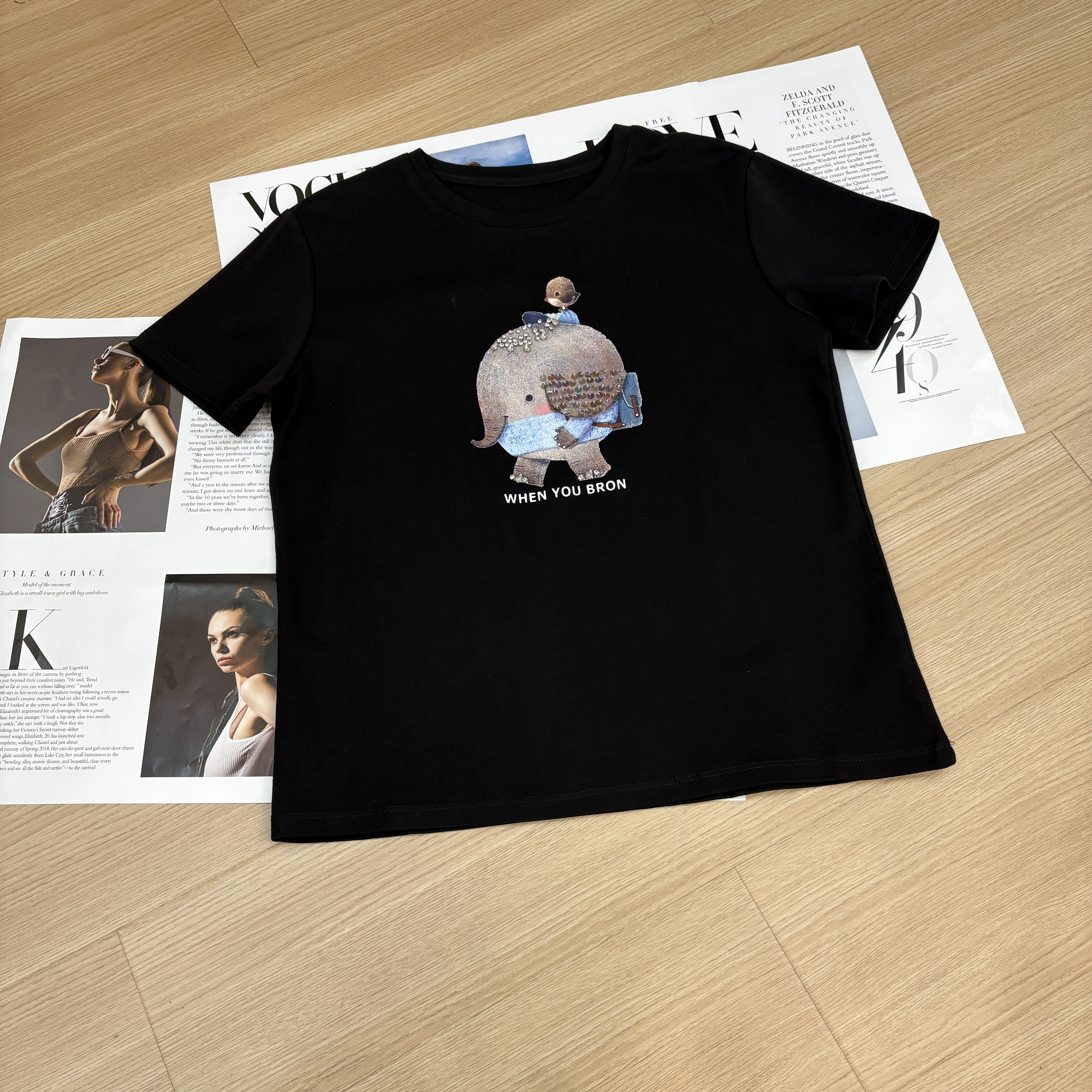 夏季重工刺绣圆领正肩短袖T恤黑色时尚百搭卡通韩版春夏休闲ins