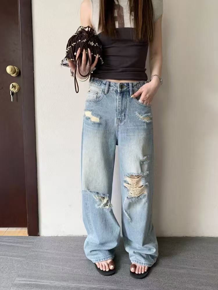 81268夏季显瘦复古小众设计感宽松破洞直筒牛仔裤