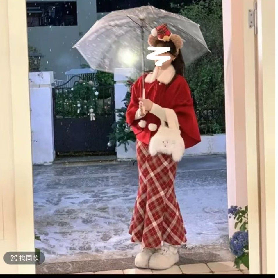 大码微醺玫瑰 复古红色格纹鱼尾裙女高腰长修身气质A字裙毛呢斗蓬