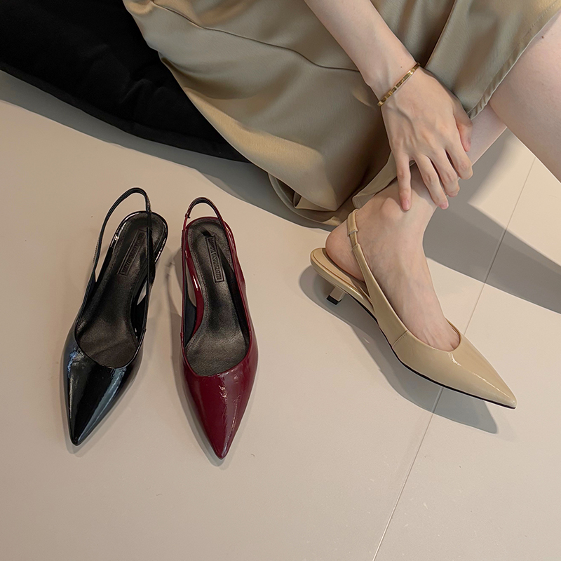 3.5cm/34-39码 法式头层牛漆皮后空尖头高跟鞋女细跟包头凉鞋