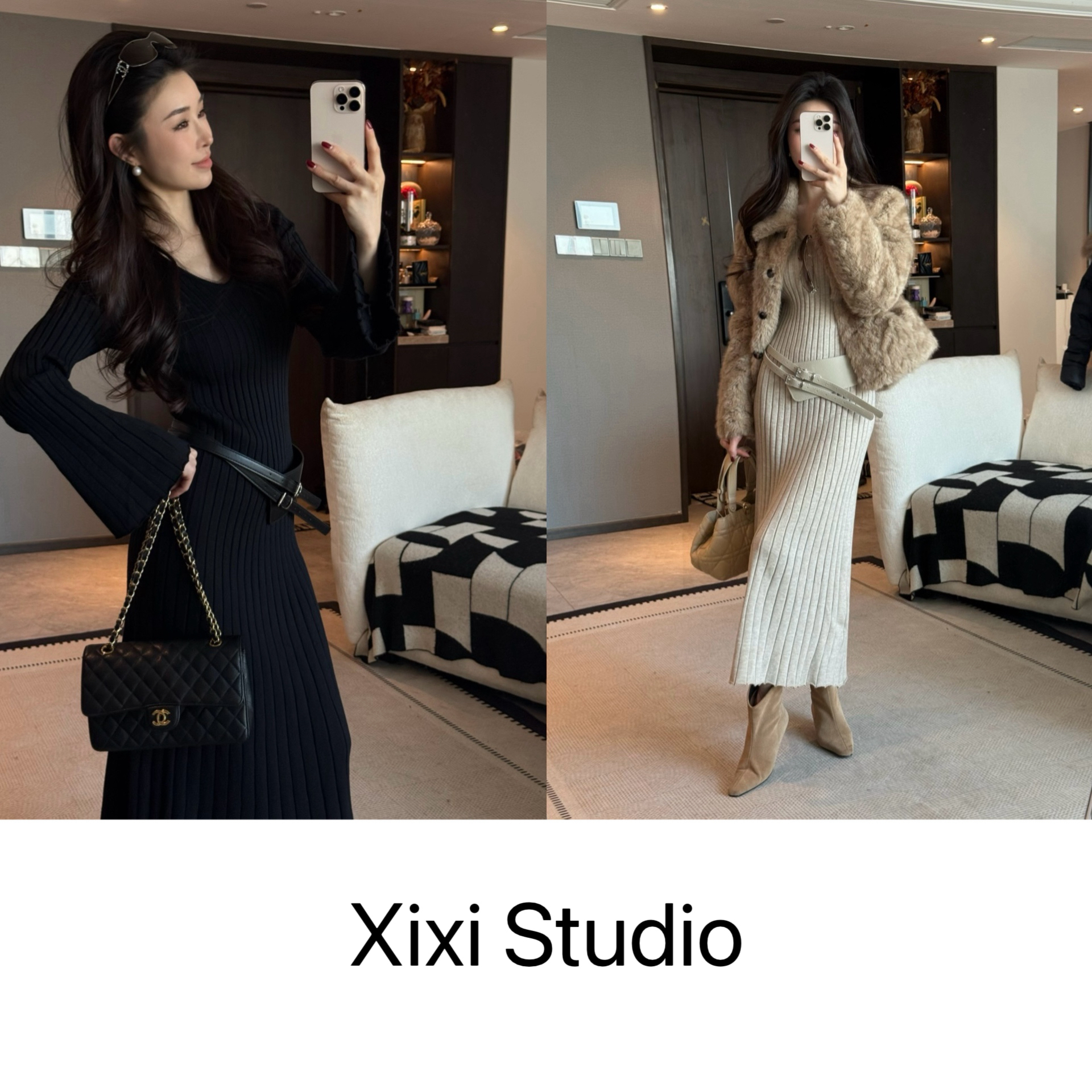 【西西】肆意张扬 秋冬长袖针织显瘦收腰喇叭袖连衣裙