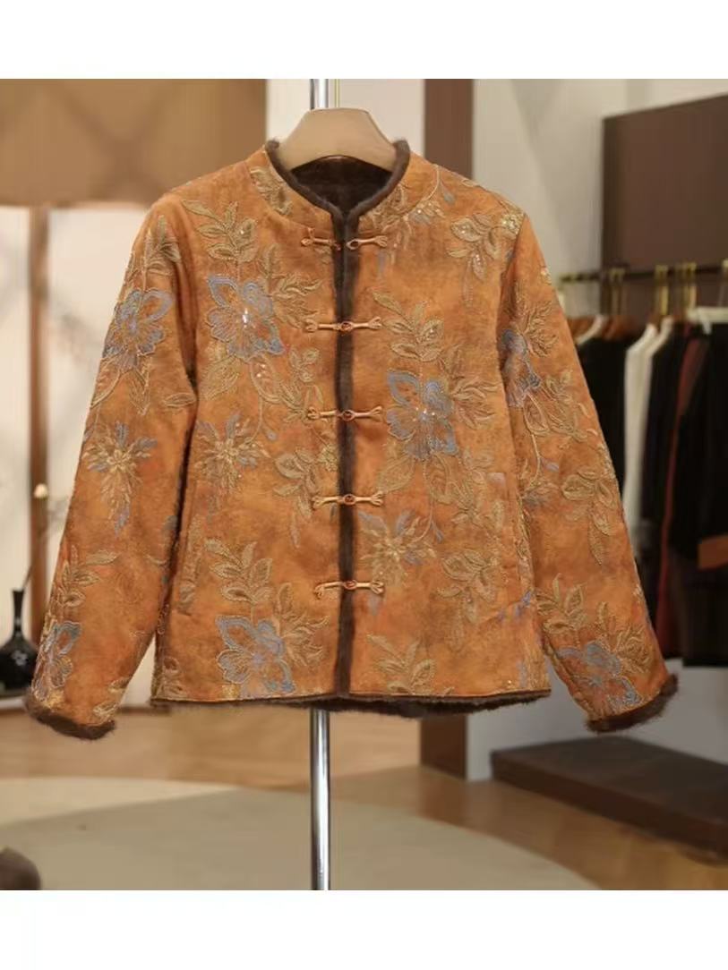 《 荀颜》2025年冬新款水貂毛加绒加厚重工刺绣气质双面穿中国风