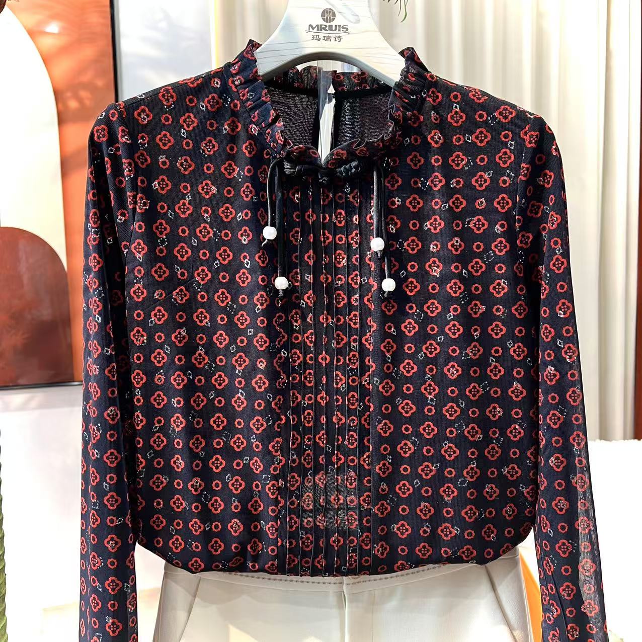 ///C6306 专柜新款长袖针织衬衫休闲百搭针织花色时尚简约衬衫