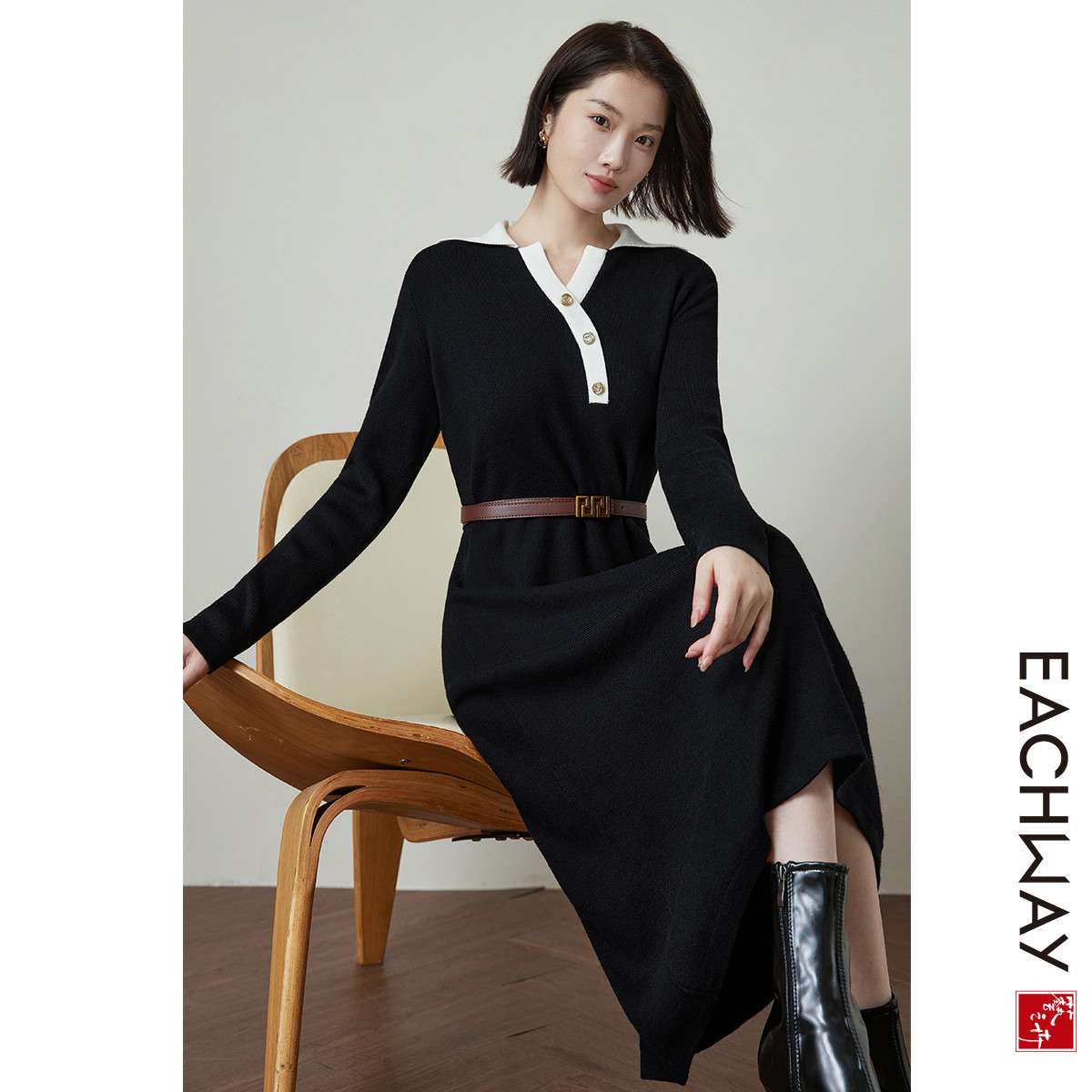 【含羊毛针织裙】高级感轻奢翻领连衣裙2024秋冬内搭小黑裙女