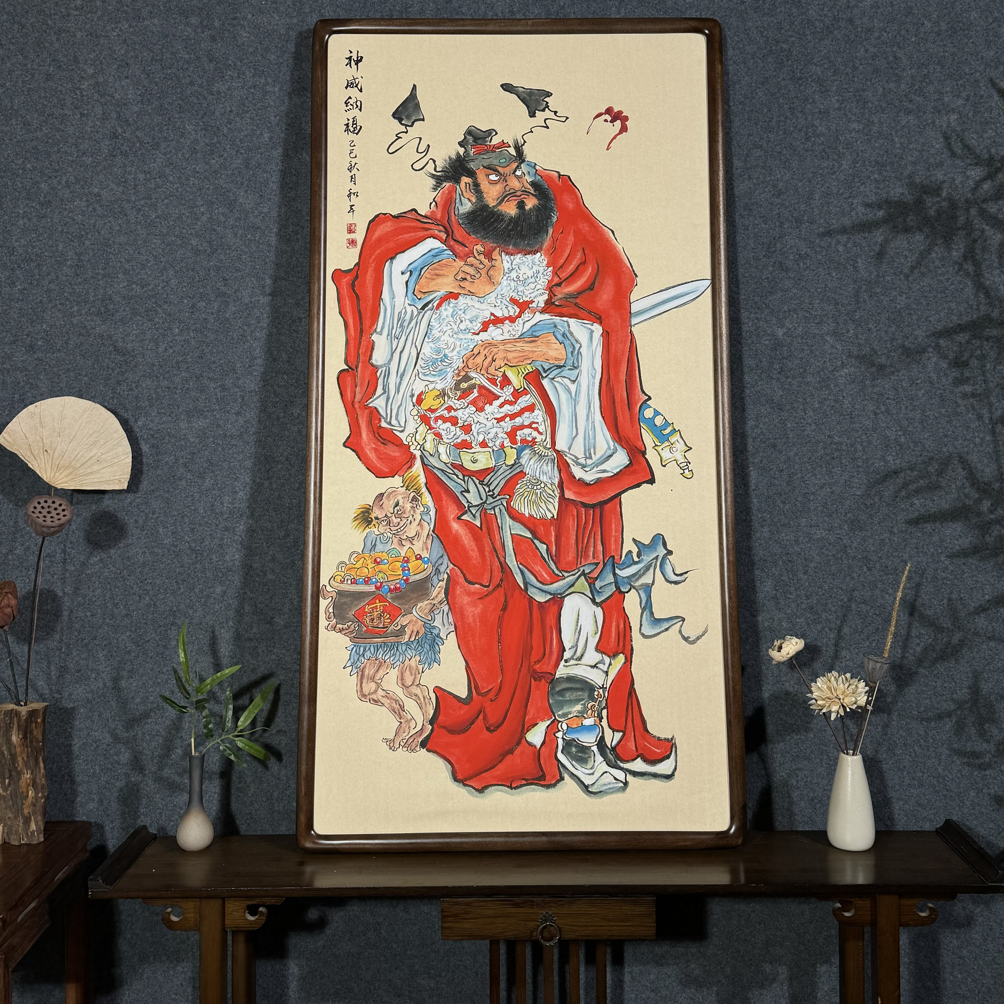 大海钟馗迎福招财手绘画带框装裱122*62茶室办公室客厅装饰挂画