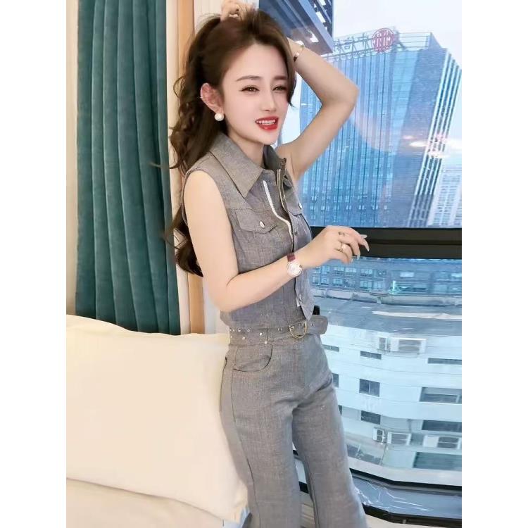 精致洋气感气质时尚套装女2025年夏季新款砍袖单排扣上衣+喇叭裤