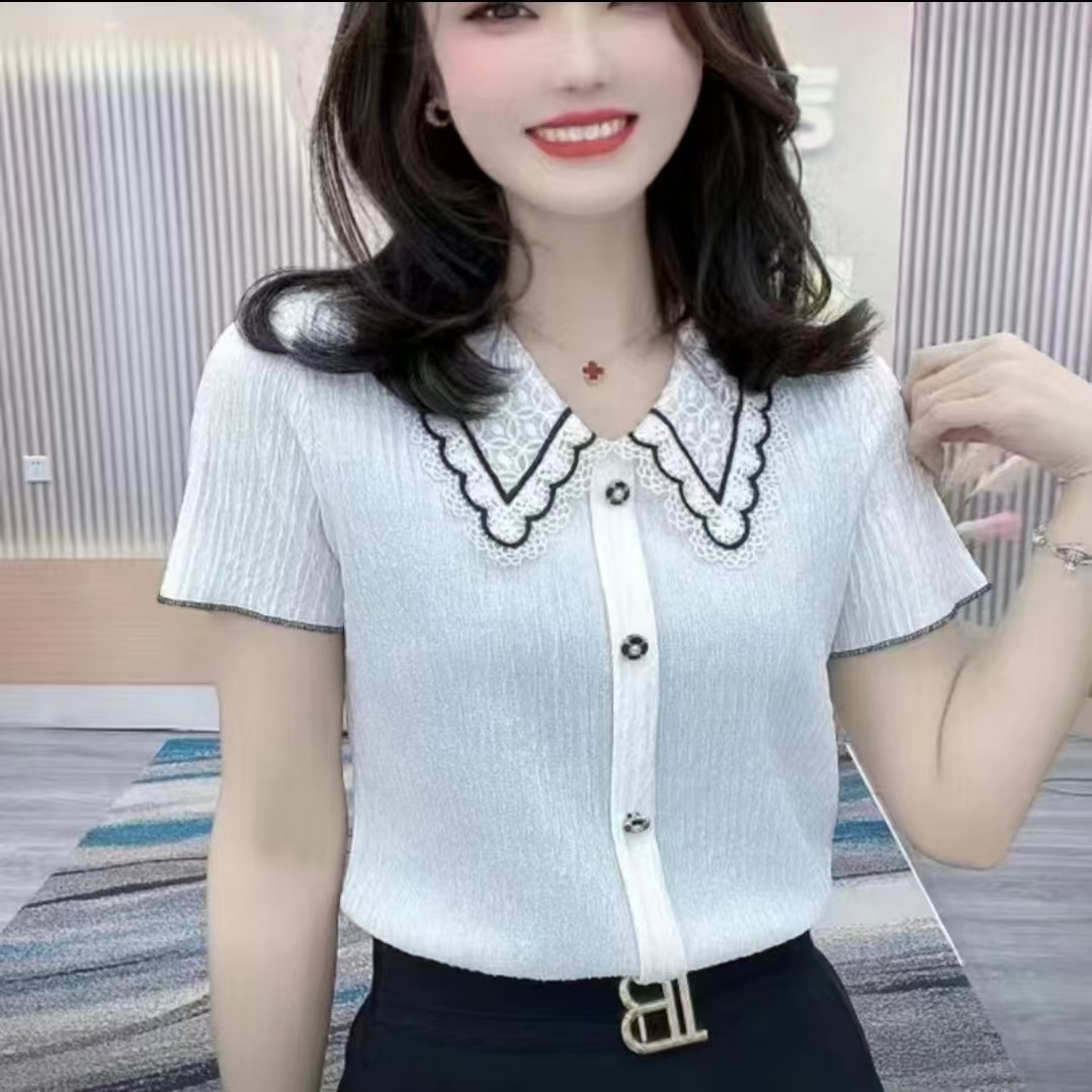 欧洲站蕾丝花边打底衫设计感短袖拼接小衫小香风洋气褶皱雪纺衫潮