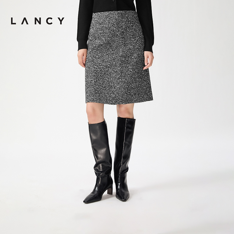 【羊毛】LANCY/朗姿2026春季新款粗花呢高腰直筒裙气质通勤半身裙