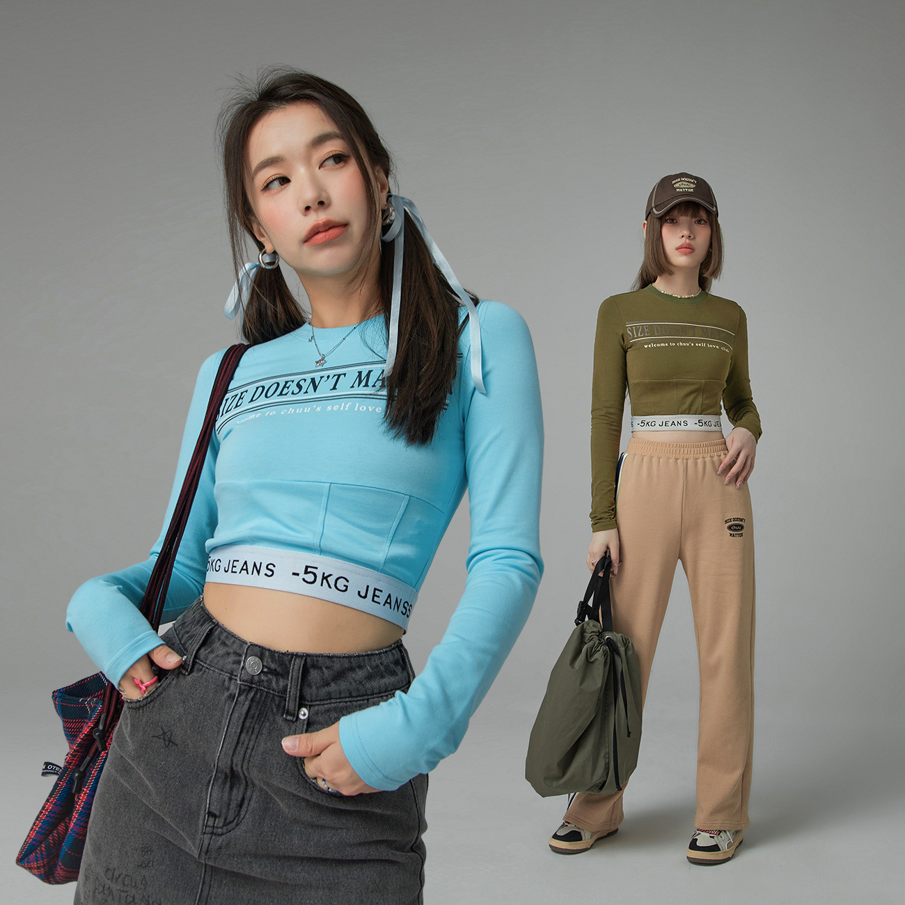 C004【金拐子专属】CHUU字母印花短款长袖上衣甜辣拼接T恤-F