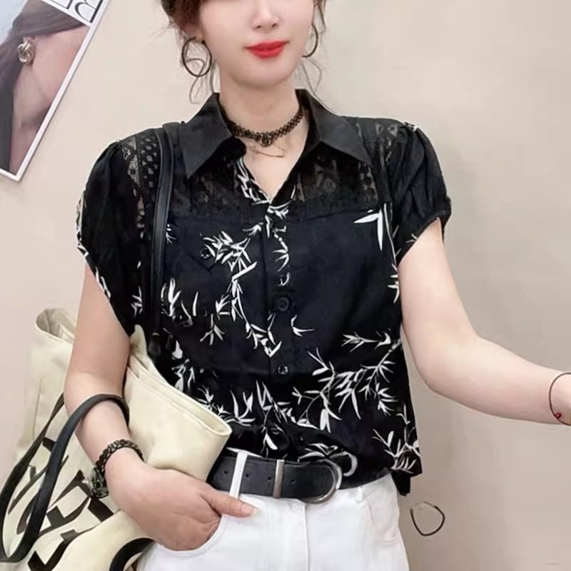 短袖衬衫女2025夏季新款时尚蕾丝拼接设计洋气百搭抽绳显瘦上衣