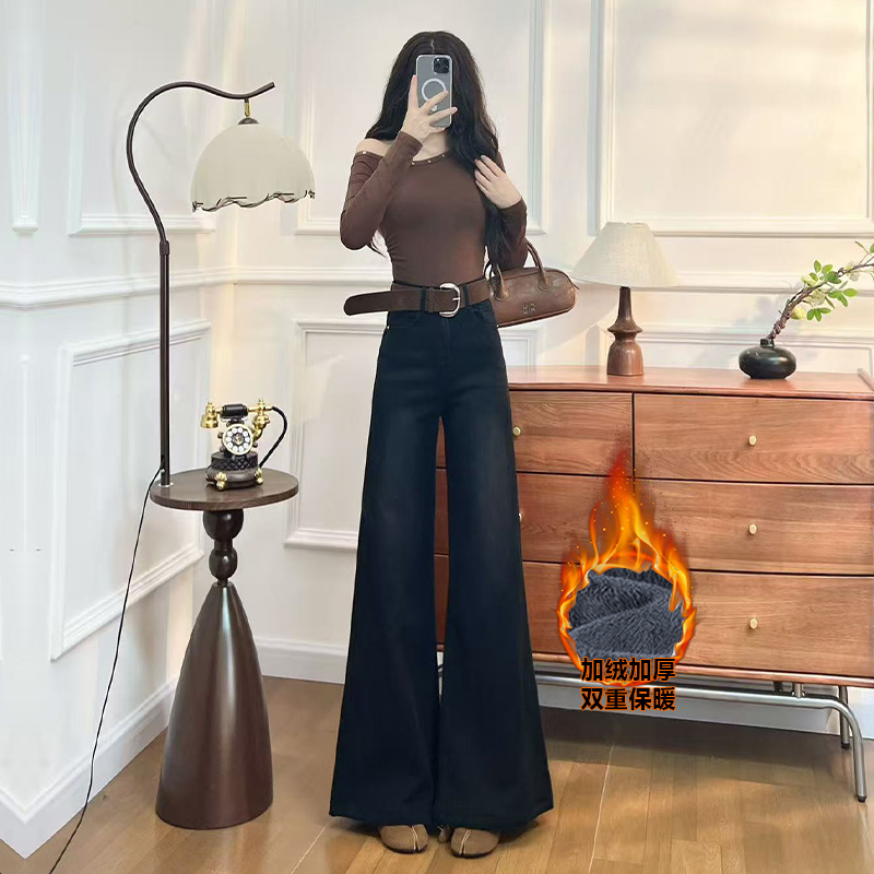 加绒高级黑阔腿喇叭牛仔裤女秋冬2025新款潮流时髦高级直筒