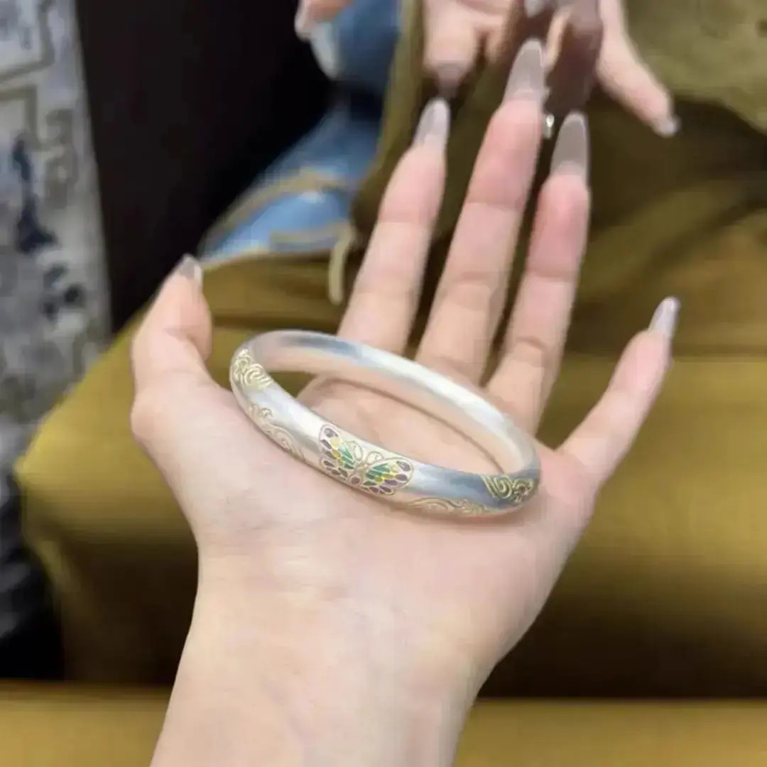 999.9银新款珐琅古风蝴蝶闭口镯情人节送老婆礼物
