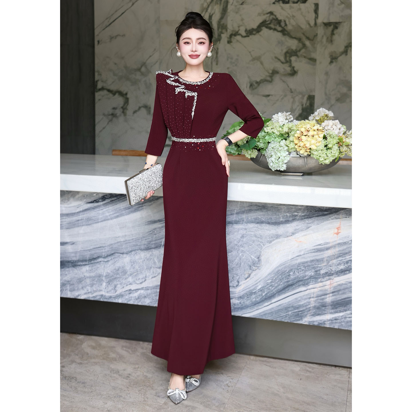 高档婚礼宴会喜妈妈新娘礼服长裙重工订钻奢华宴会修身显瘦连衣裙