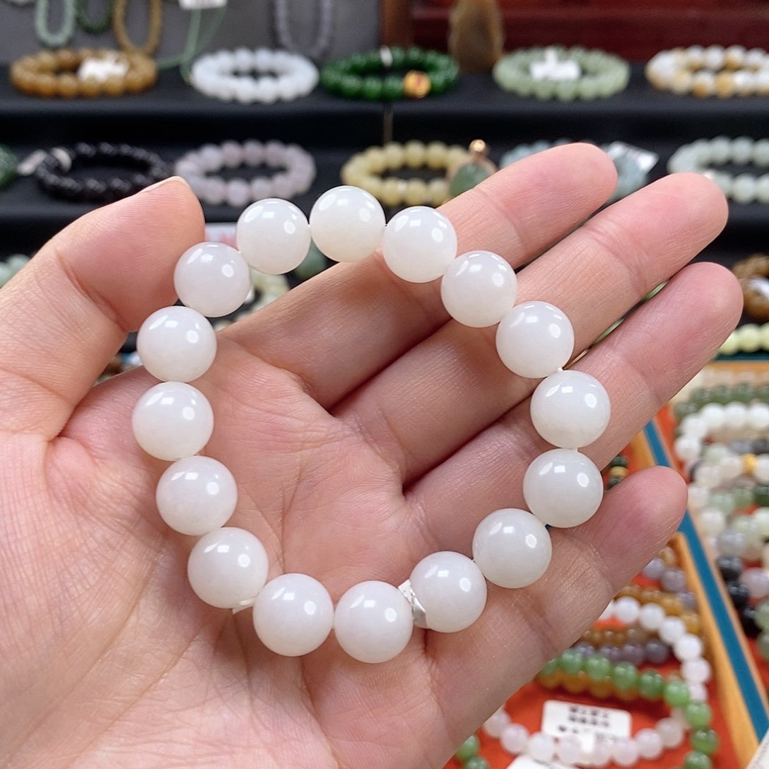 和田玉手链 12MM未镶嵌白玉