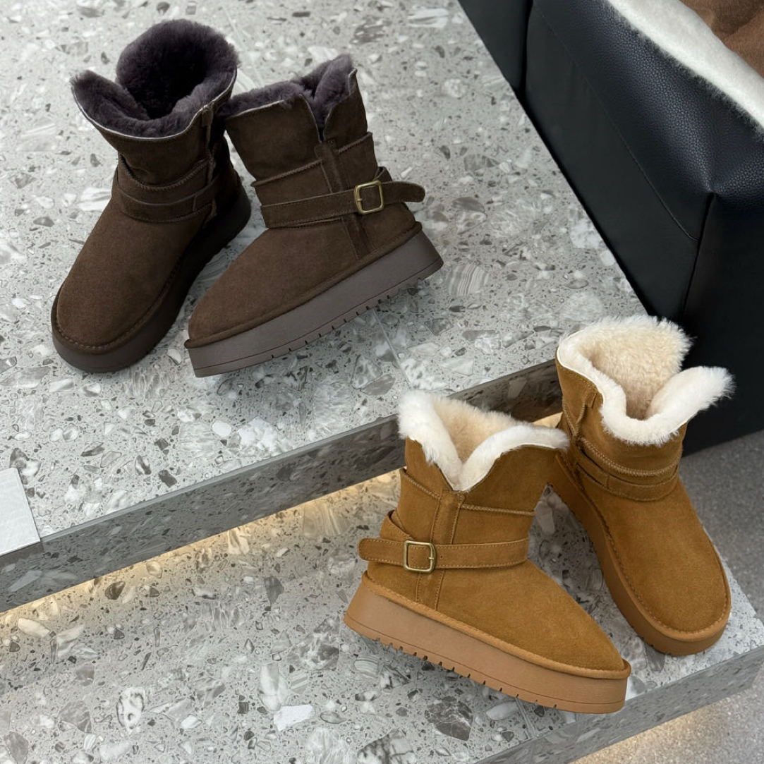 【欧货】冬季毛一体防滑保暖民族风短筒雪地靴女加绒厚底真皮百搭
