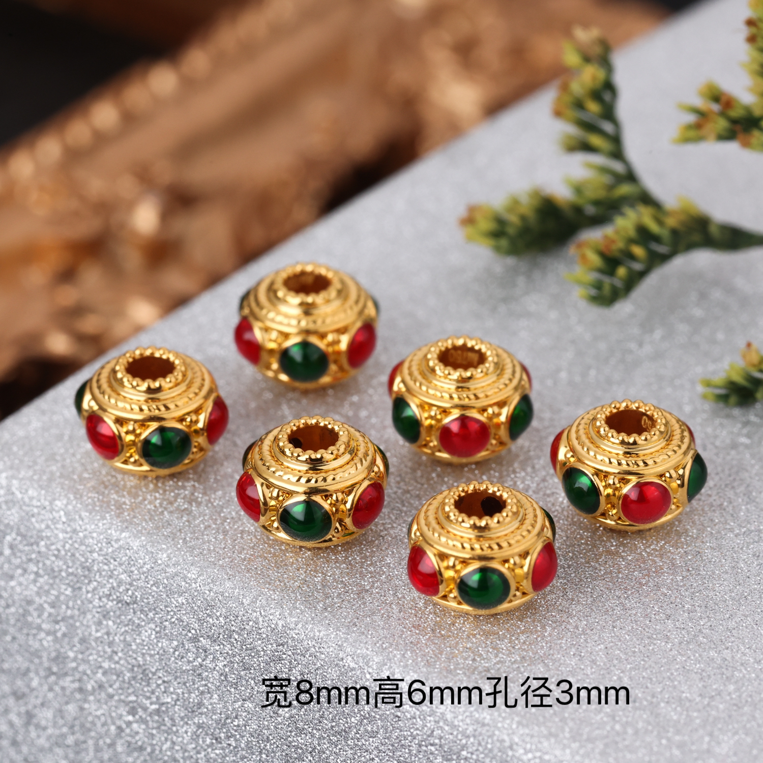 【来福工厂】18k金烧蓝红绿蜻蜓眼8mm鼓珠隔珠桶珠大气款珠串配件