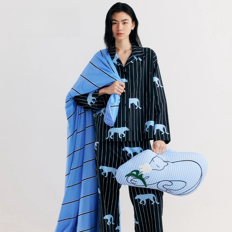 时梦也【野-SP】天丝棉都市黑豹男女同款春秋季长袖长裤情侣睡衣