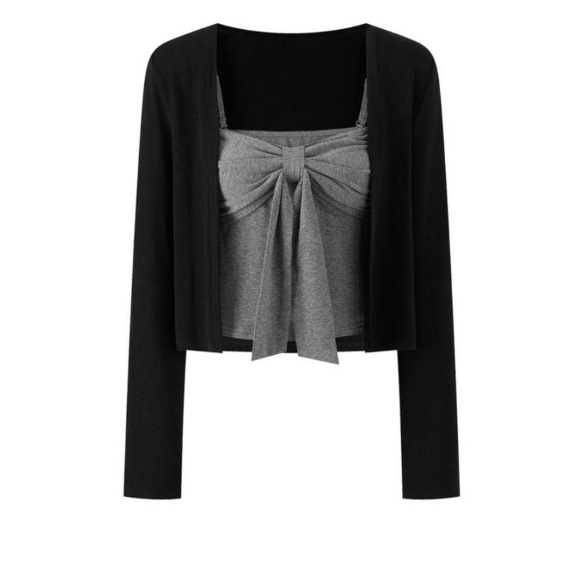 2025年秋季新款黑灰色长袖t恤纯欲薄款修身吊带开衫两件套女上衣