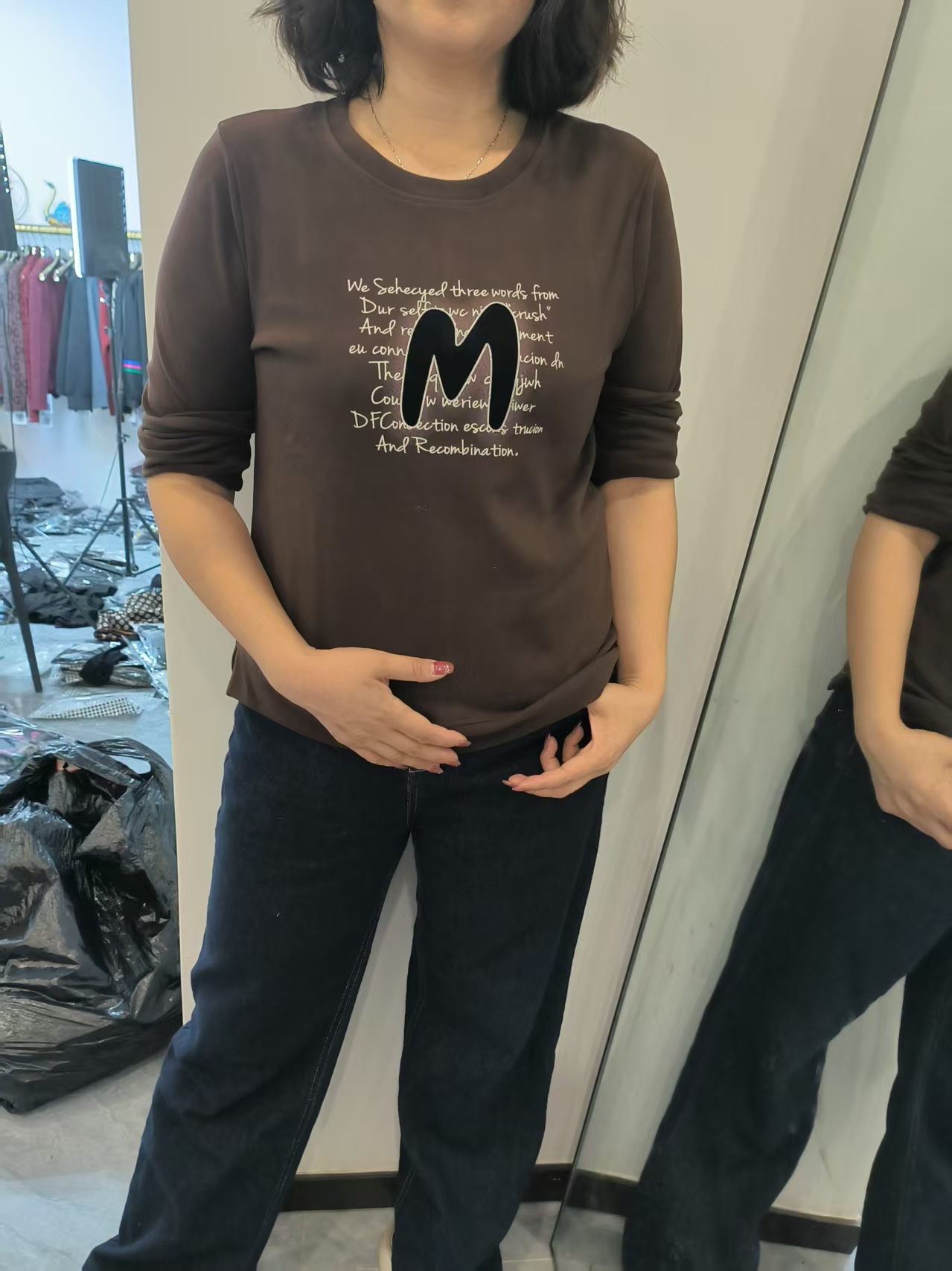 印花长袖女休闲风千金风字母短款T恤圆领套装女士
