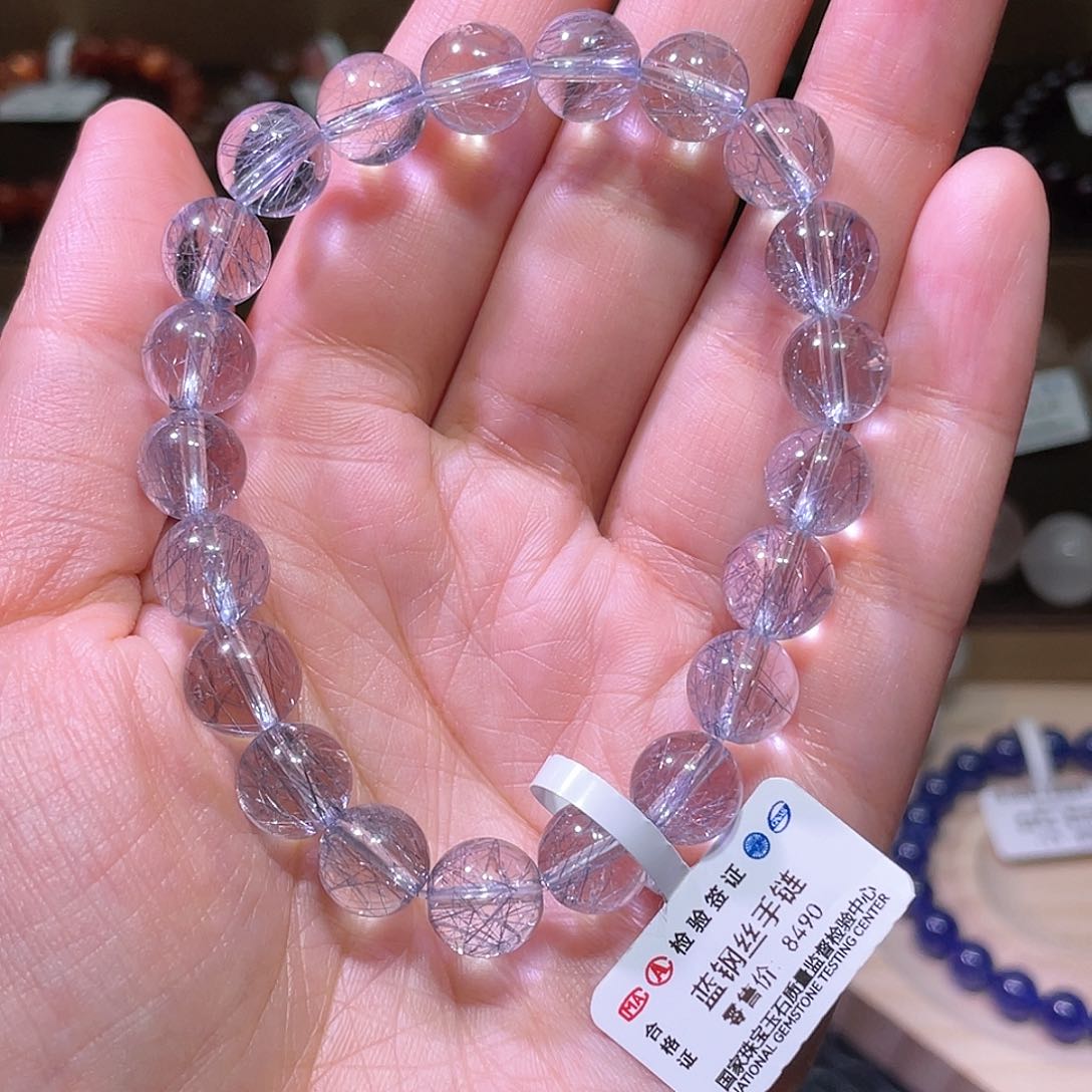 水晶手链未镶嵌蓝钢丝手链，晶体通透