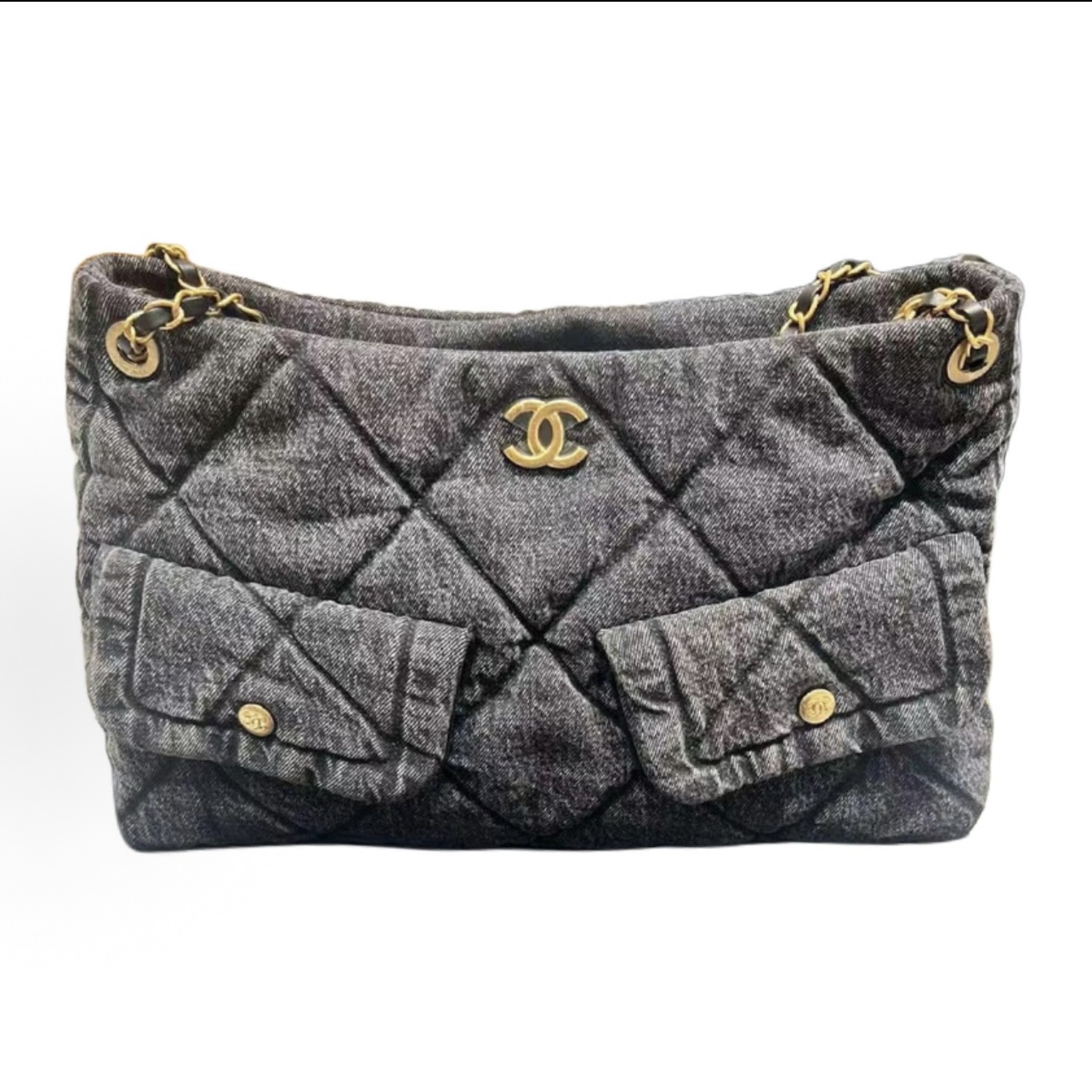 99新 Chanel/香奈儿 25k金扣菱格皮穿链牛仔单肩包中号hobo